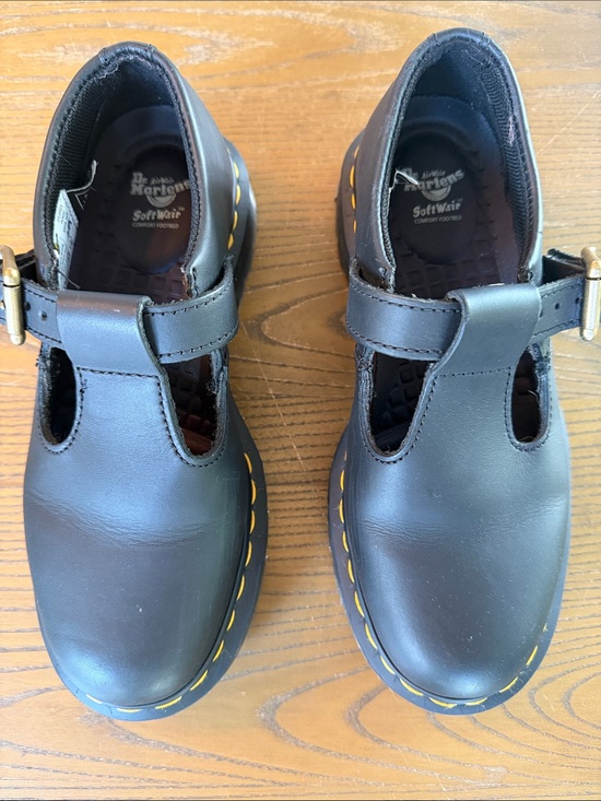 Dr. Martens Shoes - Dr. Martens Black T-Strap Dress Shoes with Yellow Stitching